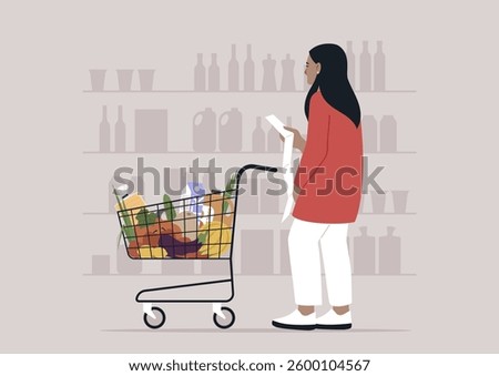 Shelves lean under the weight of diverse groceries, while a shopper checks her list, immersed in the vibrant tapestry of everyday life in a lively supermarket environment