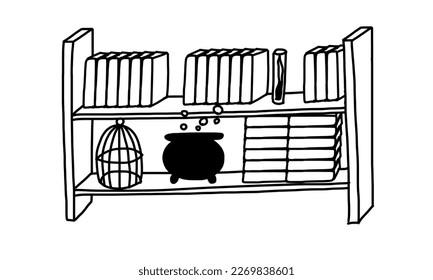 Shelves with magic books in outline doodle style. Vector illustration isolated on white background.