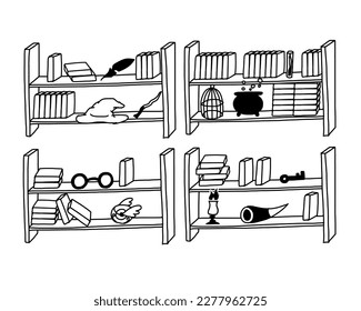 Shelves with magic books in outline doodle style. Vector illustration isolated on white background.