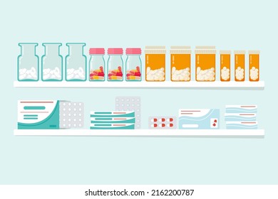 Estantes con preparaciones médicas. Envase con medicamentos. Medicina, píldoras terapéuticas, cápsulas, comprimidos. Botella naranja con píldoras. Medicamentos, medicamentos para el tratamiento. Ilustración del vector