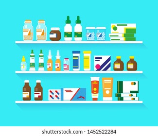 Shelves with medication. Different types of drugs on three shelves. Flat vector illustration.