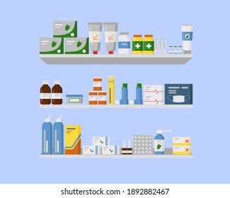 Shelves with medicines. Interior of pharmacy or drugstore. Medications - pills, capsules bottles vitamins and antibiotic. Healthcare. Vector illustration in flat style.