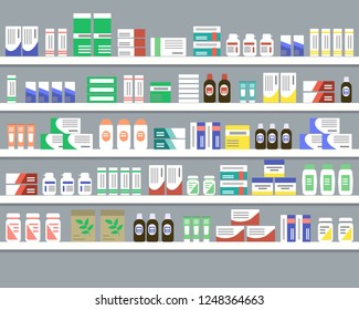 Shelves with medicines. Objects for a pharmacy interior. Vector illustration.