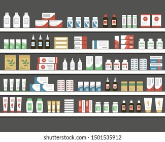 Shelves with medicines. Objects for a pharmacy interior. Vector illustration