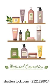 Shelves with natural organic cosmetics. Set of cosmetic products in bottles, jars, tubes for skin and hair care. Natural cosmetics. Stock vector illustration in flat style isolated on white background