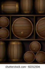 Shelves with old wooden barrels