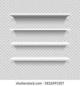 Shelves on wall. Isolated empty white store shelf furniture with shadow. Blank shop interior bookshelf icon collection on transparent wall background. Exhibition vector illustration