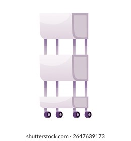 Shelves on wheels flat icon. Tall mobile shelf trolley unit with multiple tiers and wheels for storage purposes, transportation of tools. Vector illustration isolated on white background