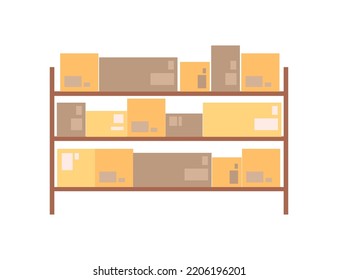 Shelves with parcels in warehouse, isolated logistics and shipping of products, goods and items. Transportation and storage. Vector in flat cartoon style
