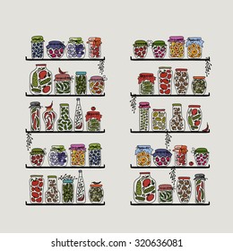 Shelves with pickle jars for your design. Vector illustration