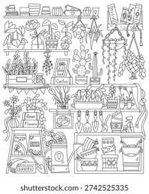 Shelves With Plants And Everything For The Garden Plus Coloring Pages For Adults And Kids