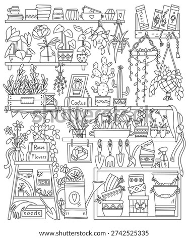 Shelves With Plants And Everything For The Garden Plus Coloring Pages For Adults And Kids