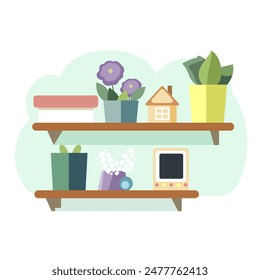 Shelves with potted plants, a toy house, and decor items, flat style, on a simple background. Home decor concept. Vector illustration