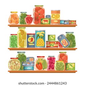 Shelves with preserved food. Canned products. Conserved vegetables and fruits. Fish and meat cans. Glass jars with jams and pickles. Homemade marinated cucumbers