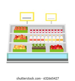 Shelves with products in grocery store. Vector in flat style design. Showcase with tomatoes, apples, oranges, pineapples, milk. yogurt in supermarket.  Assortment and shop equipment concept.  
