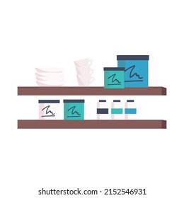 Shelves with protein powder containers and dinnerware semi flat color vector object. Full sized item on white. Simple cartoon style illustration for web graphic design and animation