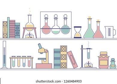 shelves of reagents and glassware for chemical lab. vector illustration. science, experiments.