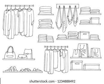 Shelves set graphic black white isolated sketch wardrobe illustration vector