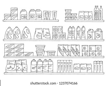 Shelves set graphic black white isolated sketch food grocery store illustration vector