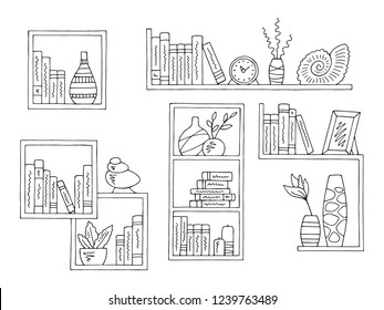 Shelves set graphic black white isolated sketch illustration vector