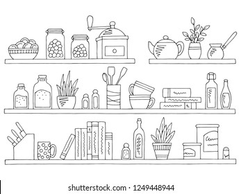 Shelves set graphic black white isolated kitchenware sketch illustration vector