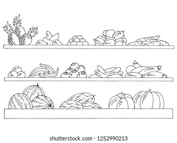 Shelves set graphic black white isolated sketch fruits and vegetables grocery store illustration vector