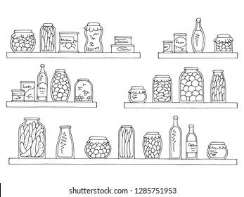 Shelves set graphic black white isolated sketch can food grocery store illustration vector