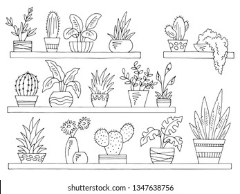 Shelves set graphic black white isolated plant pot sketch illustration vector