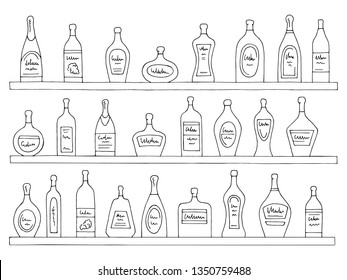 Shelves set graphic black white isolated bottles bar sketch illustration vector