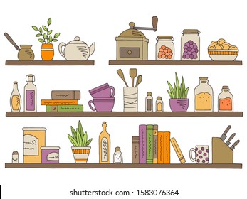 Shelves set graphic color isolated kitchenware sketch illustration vector