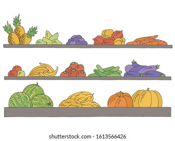 Shelves set graphic color isolated sketch fruits and vegetables grocery store illustration vector