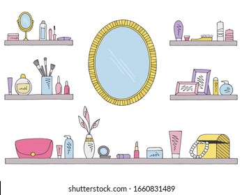 Shelves set graphic color isolated sketch cosmetics illustration vector