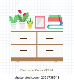 Shelves with small plants and picture frames on top. on checkered paper,Flat Modern design ,Vector illustration EPS 10