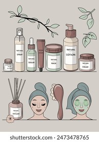 Estantes repletos de cosméticos naturales, junto con ilustraciones de niñas que aplican máscaras faciales de pepino, que encarnan la esencia de una experiencia de spa.