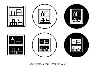 Shelves Storage icon. household goods or food and cloth storage wooden closet furniture. home shelves storage or storehouse in supermarket vector set. box package container rack shelf symbol. 