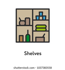 Shelves Storage Interior with Goods Bottle Minimal Color Flat Line Outline Stroke Icon