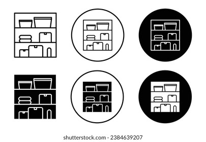 Shelves Storage vector icon set. Warehouse shelf sign. Supermarket inventory rack symbol. Home wooden shelves icon for UI designs. In black filled and outlined style.