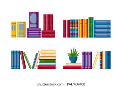 Shelves with study books. Set for bookstore shelves in cartoon style. Vector illustration on white background