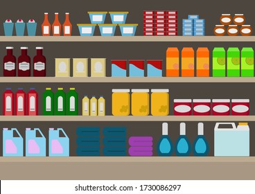 Shelves in supermarkets with many products. Illustration