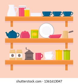 Shelves with tea and coffee accesoires vector flat illustration