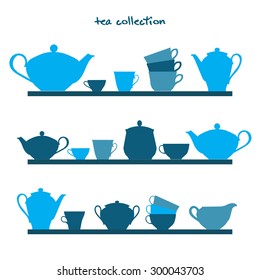 Shelves with tea pots and tea cups. Vector illustration