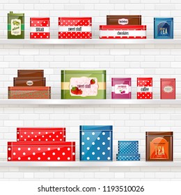 shelves with tin cans for dry products on white brick wall for your design