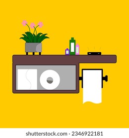 Shelves for toilet paper and flowers, phones