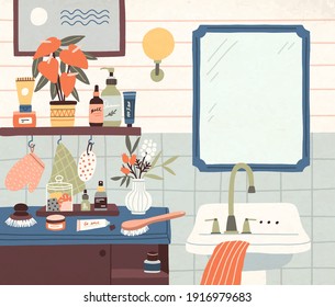 Shelves with toiletries, shampoo bottles, cosmetics and flowers near mirror and washbasin. Cozy bathroom interior with furniture and decoration. Colored flat vector illustration