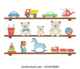 Estantes con juguetes. Hay camiones, un helicóptero, osos de peluche, un mecedor, una pelota, un tren y otros objetos en el cuadro. Juguetes para el bebé. Ilustración del vector