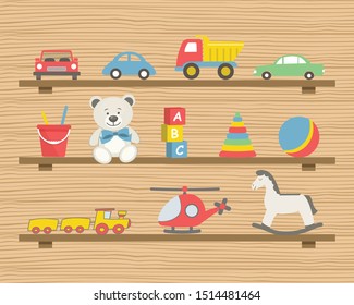 Estantes con juguetes. Hay camiones, un helicóptero, osos de peluche, un mecedor, una pelota, un tren y otros objetos en el cuadro. Juguetes para el bebé. Ilustración del vector sobre un fondo de madera