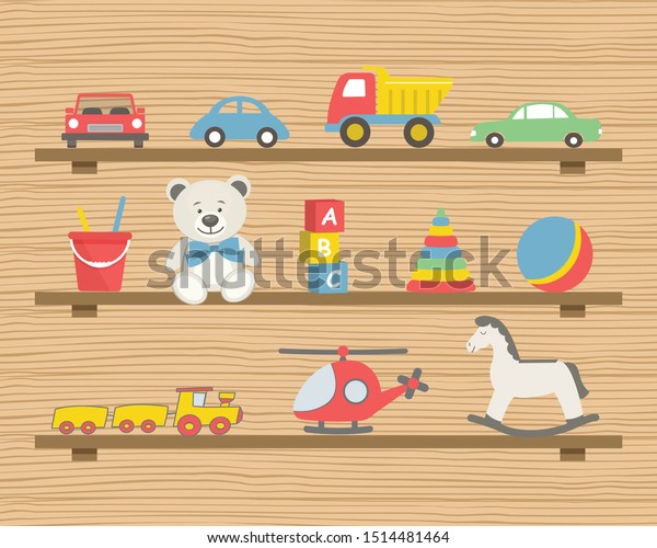 Shelves with toys. There are cars, a\
helicopter, teddy bears, a rocking horse, a ball, a train and other\
items in the picture. Toys for the baby boy. Vector illustration on\
a wooden background