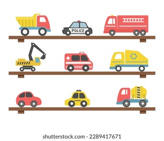 Shelves with toys. There are different toy cars: firefighters car, truck, police car, taxi, excavator, concrete mixer truck, garbage truck. Toys for the baby boy. Vector illustration