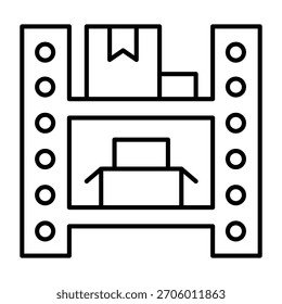 Estantes, paleta de almacén, cajas y mercancías icono de línea delgada, concepto de almacenamiento de fabricación, muestra de paquete de fábrica sobre fondo blanco, icono de estilo de contorno para móvil y Diseño web. Gráficos de Vector