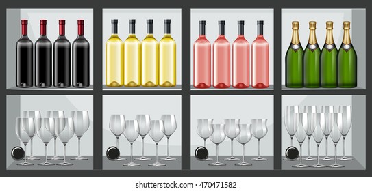 Shelves with wine and glasses